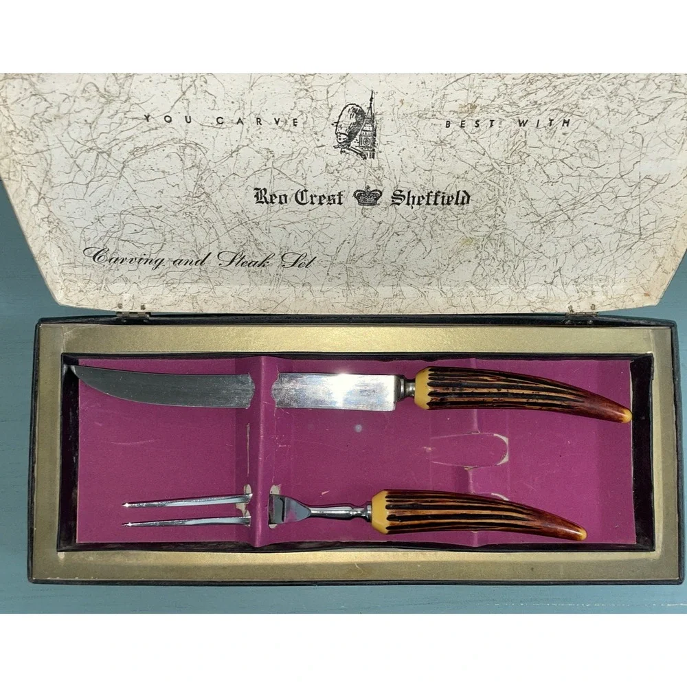 Sheffield Crown Crest Carving‎ Set & Steak Knives